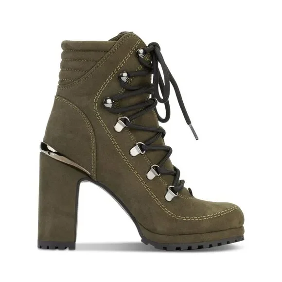 DKNY Womens Green Lug Sole Padded Lenni Round Toe Block Heel Lace-Up Boots 5 M
